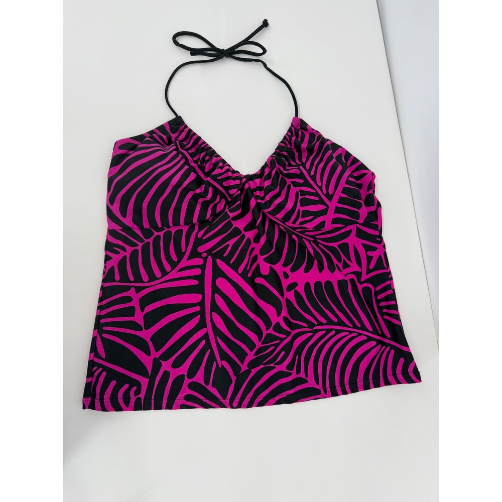 Sun Casuals Womens Pink Black Palm Leaf Halter Tankini Swim Top Sz 14